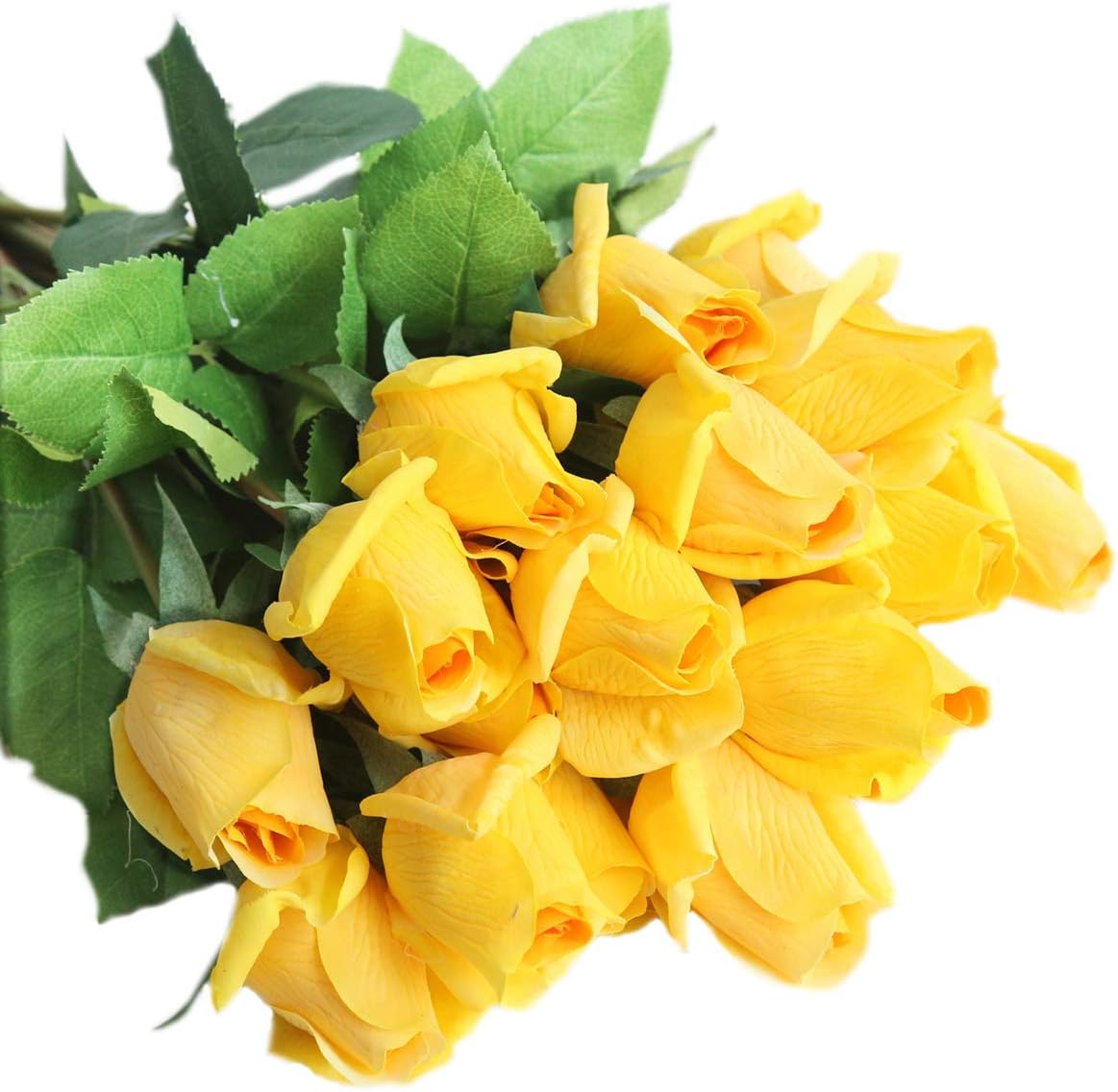 12pcs Real Look Artificial Rose Buds, 22 Inch Real Touch Silk Rosebud, Realistic Design Artificial Flower with Real Feel Petals,Silk Flower Bud for Wedding Home Décor,Yellow