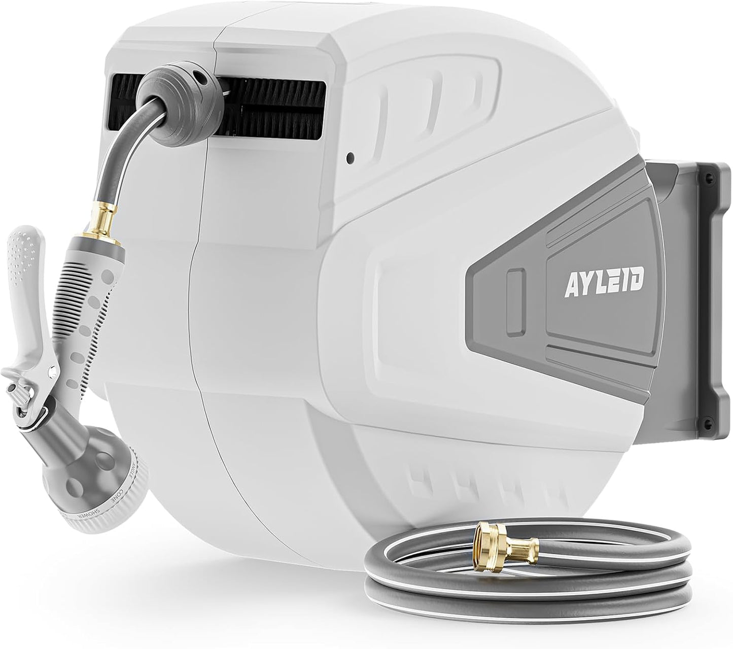 Ayleid Retractable Garden Hose Reel,1/2 in x 130 ft Wall Mounted Hose Reel, with 9- Function Sprayer Nozzle, Any Length Lock/Slow Return System/Wall Mounted/180°Swivel Bracket (Grey)