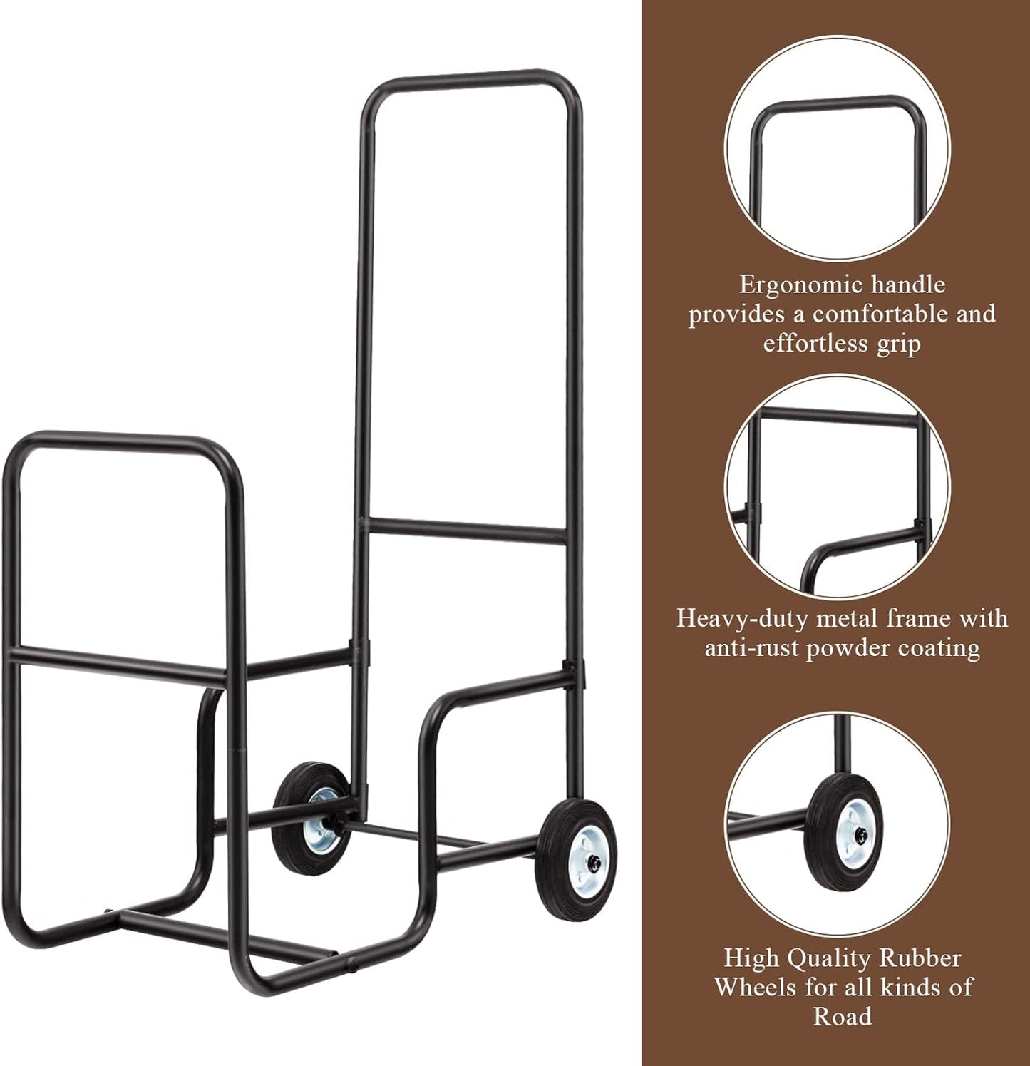 S AFSTAR Firewood Log Cart Carrier, 35” Height Wood Rack Storage Mover w/2 Rubber Wheels & Ergonomic Handle, Heavy-Duty Steel Fireplace Log Carrier Mover, Rolling Firewood Cart for Indoor Outdoor
