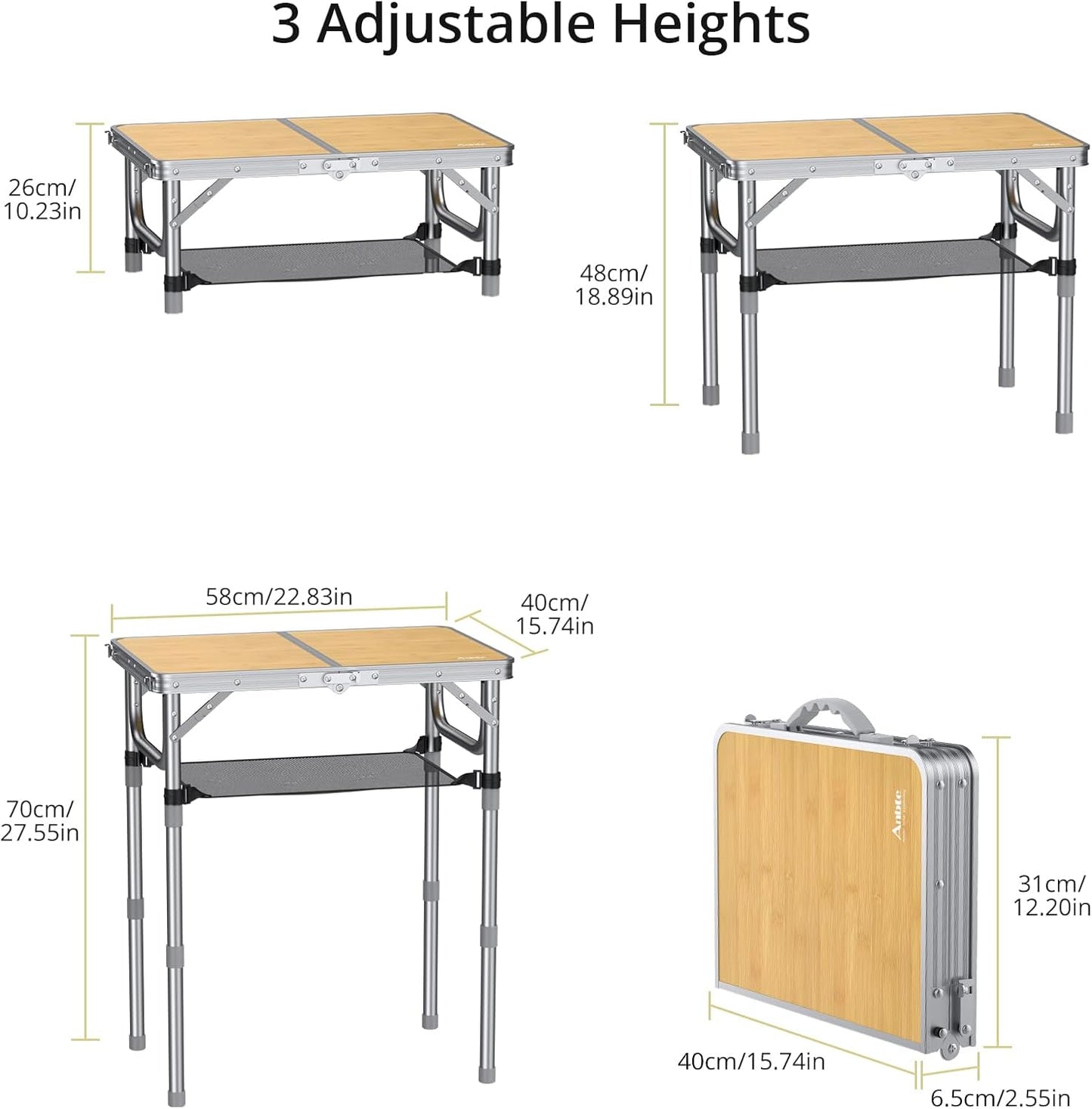 2ft Camping Table Foldable, 3 Adjustable Heights High 27.5" Aluminum Small Folding Table with Carrying Handle, Portable, for Outdoor Indoor Picnic Beach BBQ Party Travel, 24" x 16", Yellow