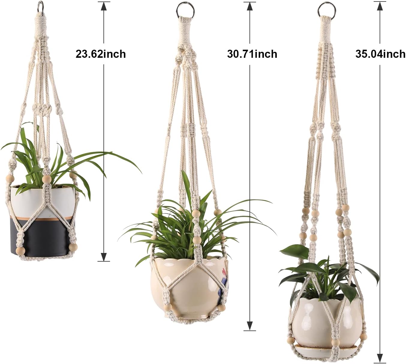 3-Pack Macrame Plant Hanger Indoor - Hanging Planter Basket for Indoor Outdoor - Decorative Boho Plant Holders Set with Beads - Ceiling Flower Pot Holder with 6 Hooks - 35"/30"/24" White