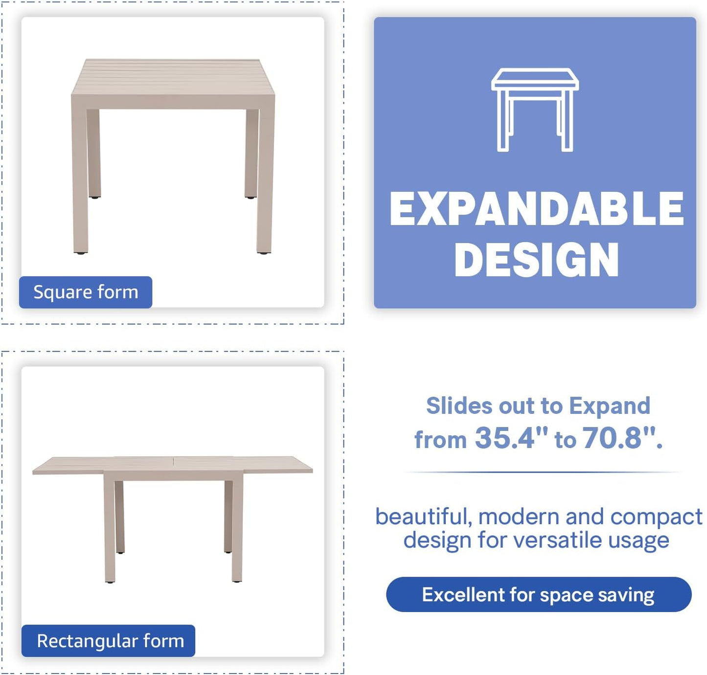 Soleil Jardin Aluminum Patio Extendable Dining Table, 35" - 71", Adjustable Indoor Outdoor Furniture Rectangle Table for 4-6 Person Porch Deck Garden, Flaxen