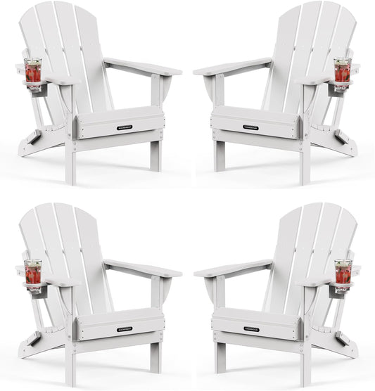 MUCHENGHY Folding Adirondack Chairs 4 Pack, Patio Chairs, Lawn Chairs, Outdoor Chairs, Adirondack Chair Plastic, Fire Pit Chairs, Weather Resistant with Cup Holder for Deck, Backyard, Garden(White)