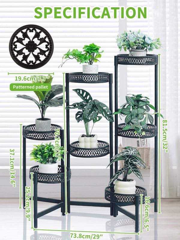7 Tier Large Metal Plant Stand Indoor Outdoor with 7.9 Inch Wide Tray, Tiered Corner Plant Stand, Flower Display Holder Shelf, Folding Tall Rack for Patio Porch Balcony Living Room Garden - BlackWave