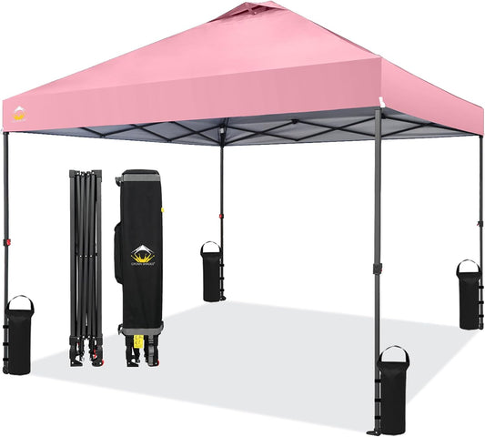 CROWN SHADES 10x10 Pop Up Canopy Tent - Patented Center Lock One Push Instant Outdoor Canopy Beach Tent with STO-N-Go Bag 8 Stakes & 4 Sand Bags，Pink
