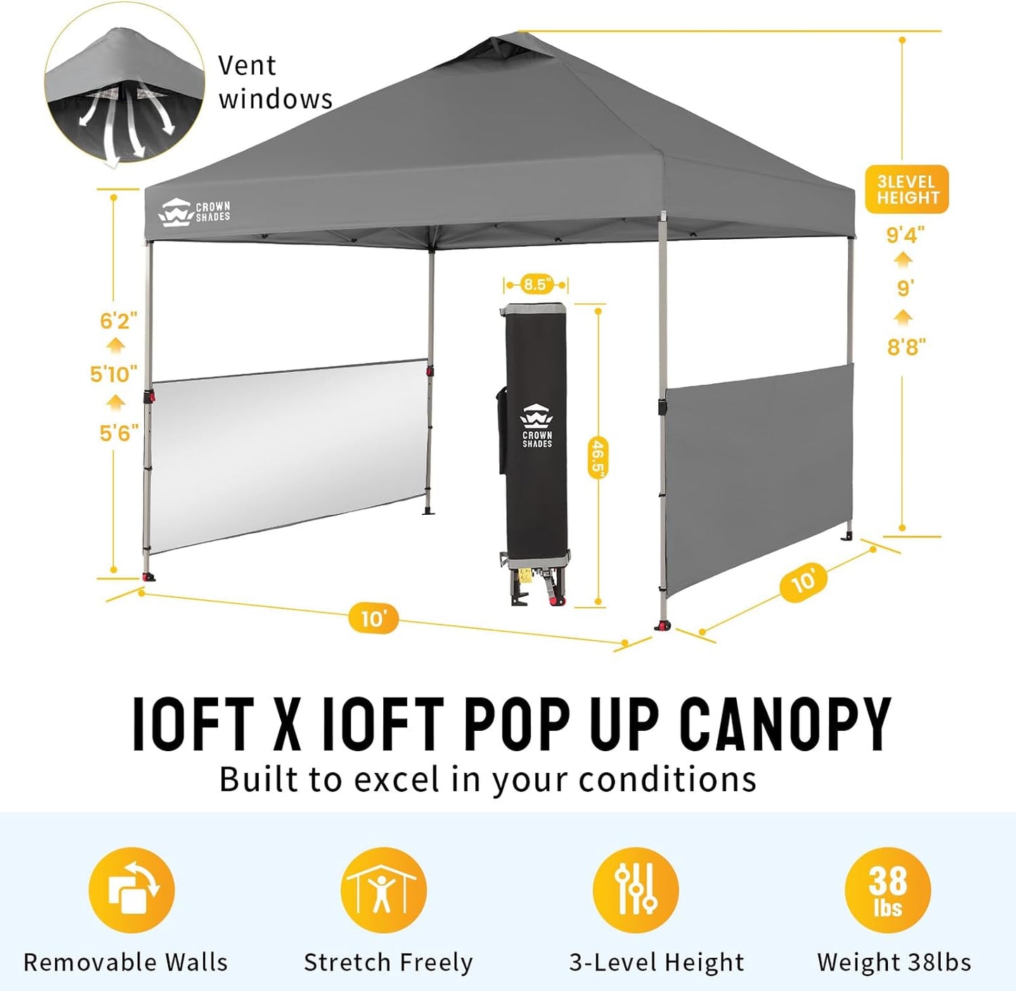 CROWN SHADES 10x10 Pop up Canopy Tent Instant Canopy with 150D Silver Coated Fabric Including 2 Half Sidewalls, 4 Ropes, 8 Stakes, 4 Weight Bags, STO 'N Go Bag, Grey