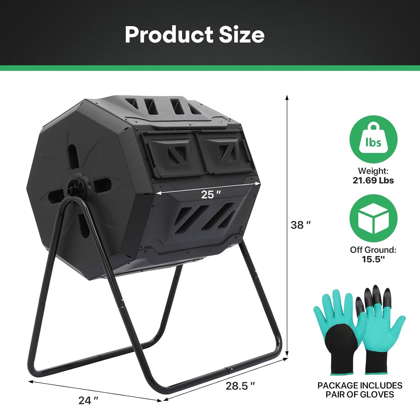 Athena Collection Compost Tumbler, 2 X 21.5 Gallons Dual Composter Chamber Outdoor, Easy Turn & Fast Rotating Compost Bins with 2 Sliding Doors, Easy Assembly, for Garden, Yard and Outdoor Use