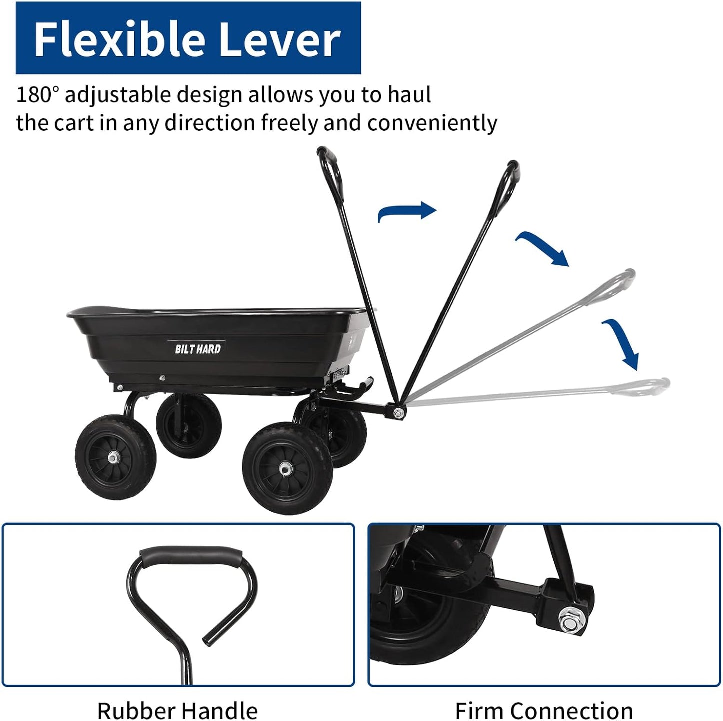 BILT HARD 4 Cu.Ft. 10" No-Flat Tires Poly Yard Dump Cart with 180° Rotating Handle, 600 lbs Capacity Heavy Duty Garden Carts and Wagons