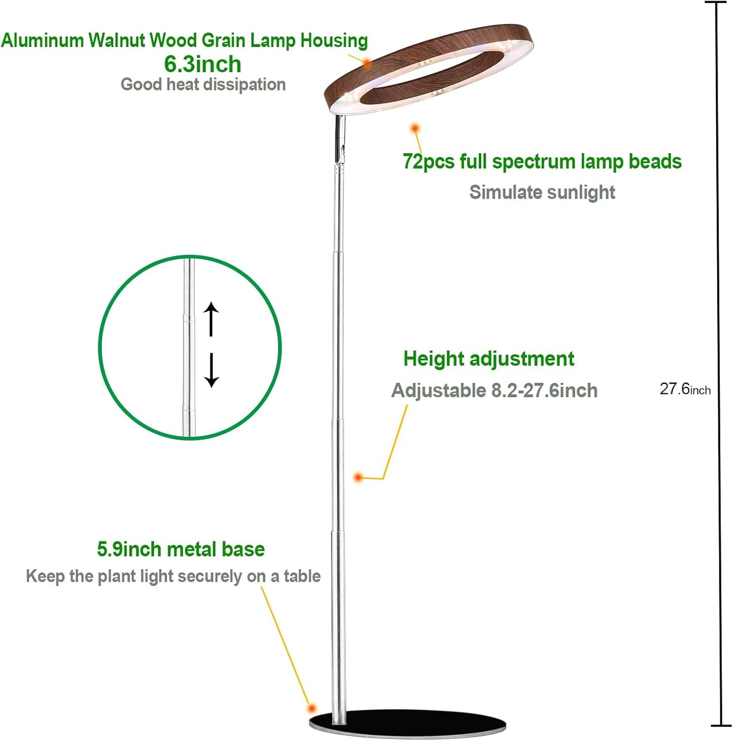 yadoker 144 LEDs Plant Grow Light for Indoor Plant,Aluminum Walnut Wood Grain Desk LED Grow Light, Height Adjustable,6.3" Aluminum Housing,Automatic Timer with 8/12/16 Hours,10-Level Brightnes