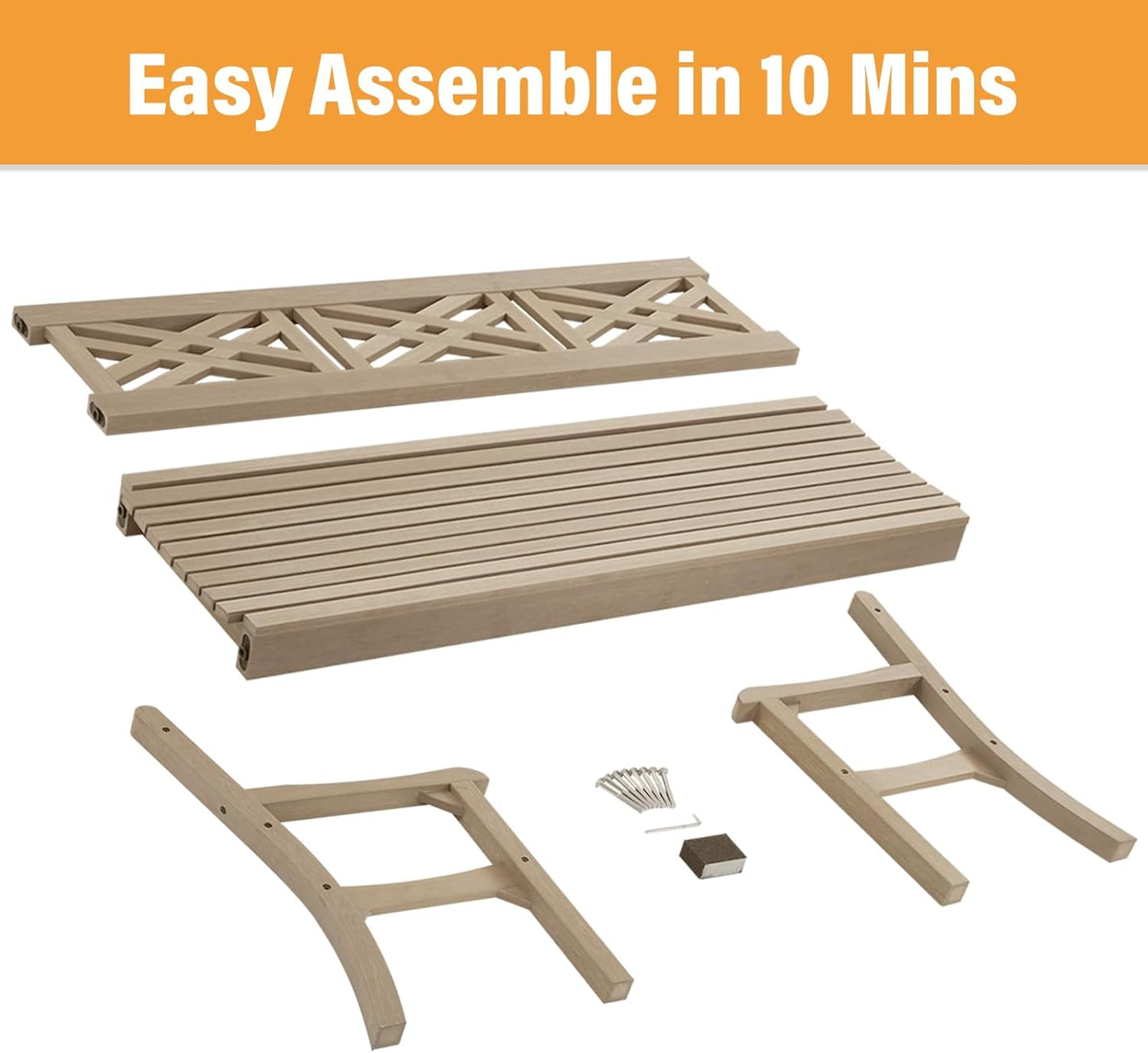 Psilvam 63''W All-Weather Poly Lumber Outdoor Bench – Teak Color, 3-Person Garden Bench with Decorative Backrest & Curved Armrests, Anti-Rot & Fade-Free Patio Bench for Porch, Backyard, and Park(Grey)