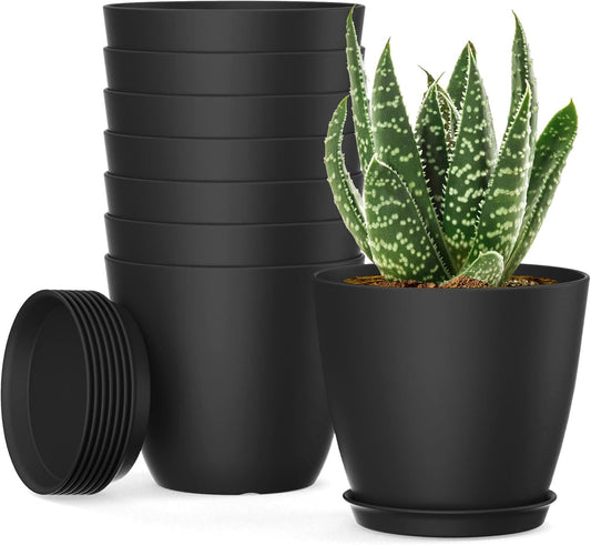 8 Pack 4 Inch Plant Pots with Drainage Holes and Saucers, Pots for Plant Indoor, Plastic Planters for Succulents and Small Plants, Black