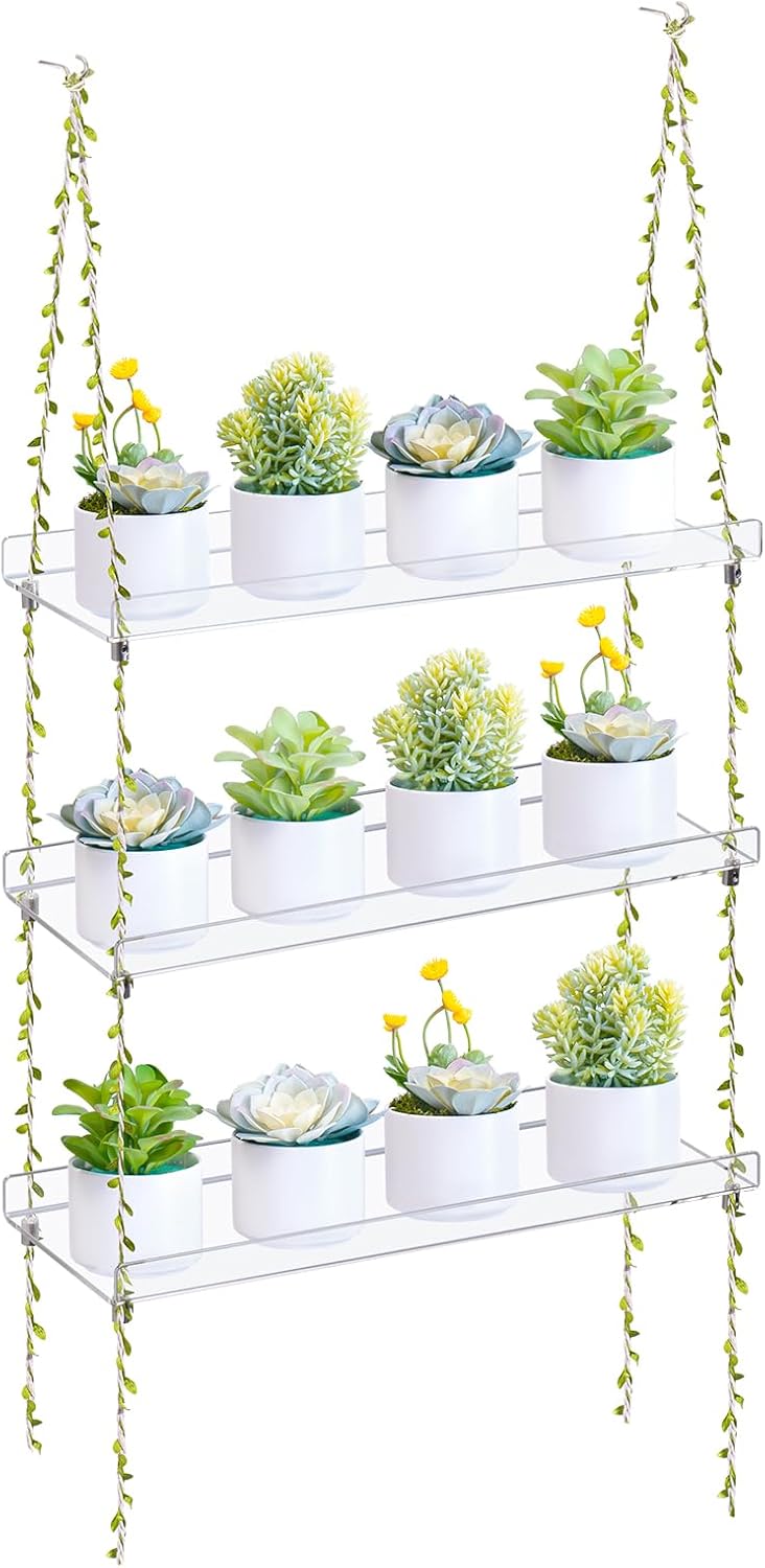 Sumerflos Acrylic Window Boxes Plant Shelves 3 Tier - Clear Hanging Shelf Indoor Jute Twine Adjustable Plant Holder for Window Wall Living Room Balcony Natural