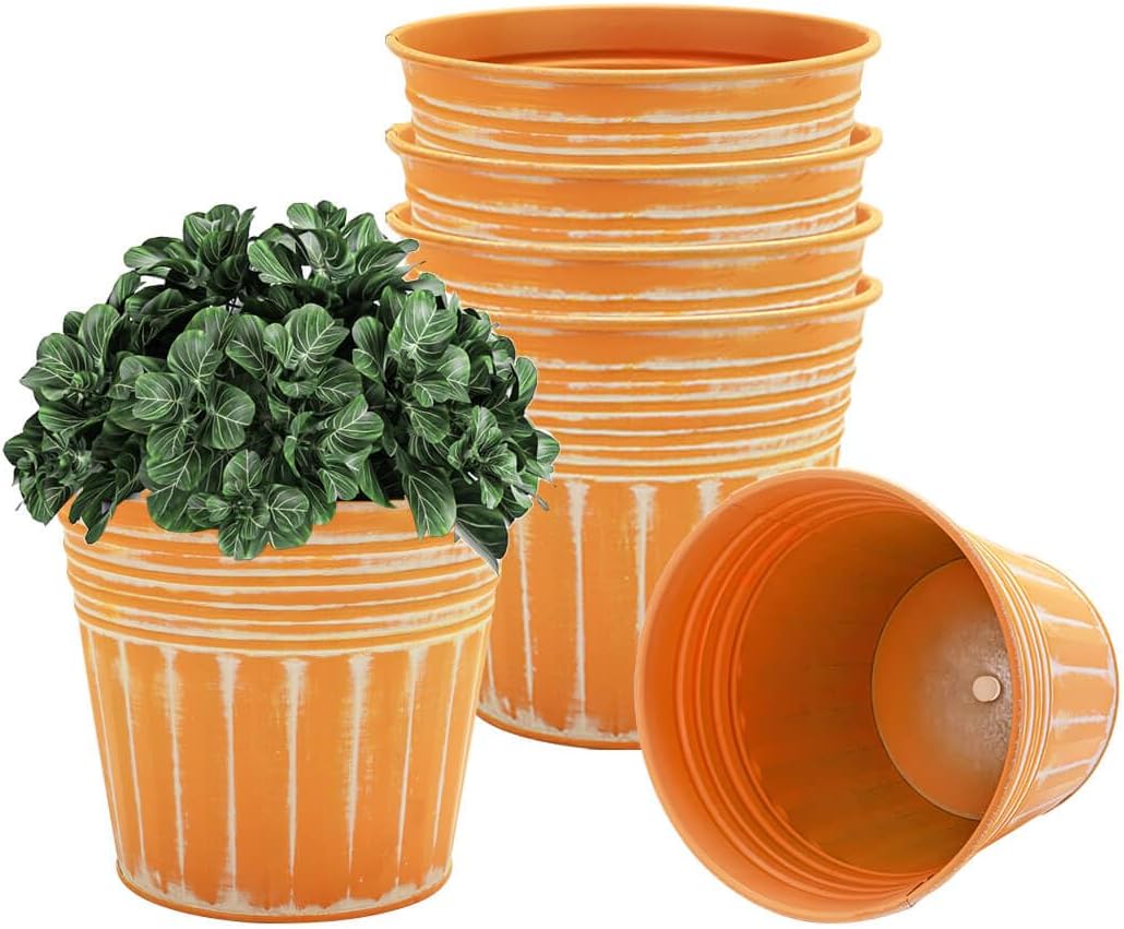 vensovo 5 Inch Orange Metal Rustic Flower Pots - 6Pcs Medium Galvanized Planters with Drainage Hole and Rubber Plug, Rustproof Metal Bucket Plant Pots Farmhouse Vintage Style for Decor