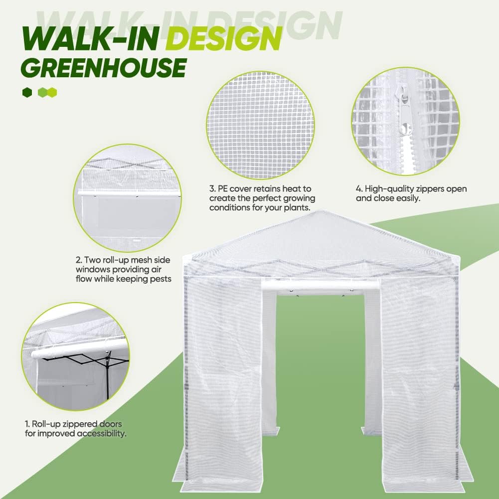 EAGLE PEAK Instant Pop-up Greenhouse, Indoor Outdoor Plant Gardening Green House, Roll-Up Zipper Doors and Side Windows, Walk in 8x8 ft, PE Cover, White/Clear