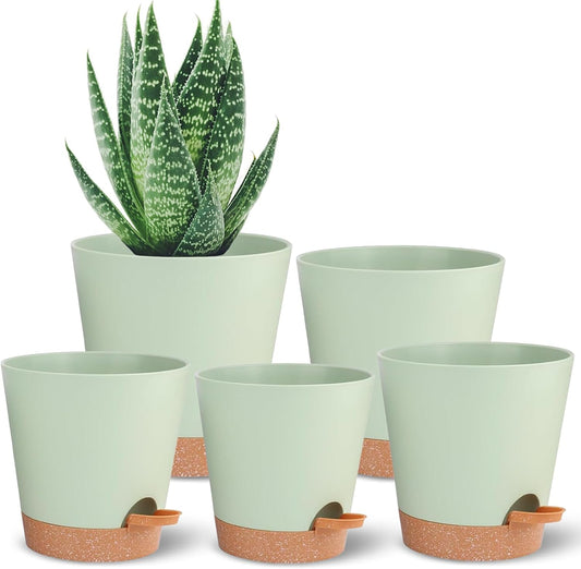 Self Watering Planters for Outdoor Plants 7/6.5/6/5.5/5Inch 5Pack Flower Pot for House Plants Green Indoor Plastic Pots Plant Pots Succulent Pots with Drainage Hole and Deep Reservoir