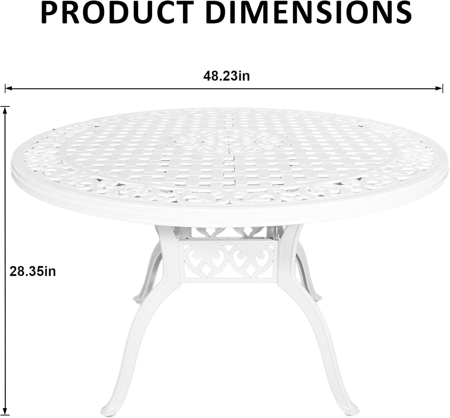 7 Pieces Cast Aluminum Outdoor Dining Set, Round 48" Dining Table with 2.36" Umbrella Hole and 6 Armchairs,All-Weather Patio Bistro Dining Set Outdoor Furniture Set for Patio, Balcony,White