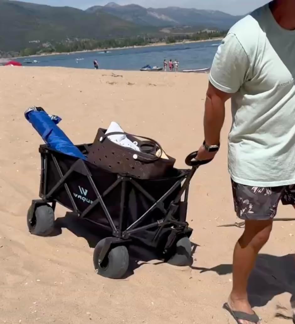 Folding Utility Wagon Cart, Tires for Sand Heavy, Duty Beach Garden Cart with Sand Wheels, Black