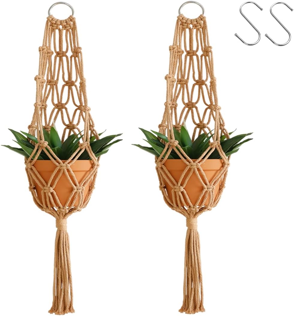 Artilady Hanging Planter for Indoor Plants Macrame Plant Hanger Large Hanging Plant Holder Brown Plants Basket White Rope Boho Original Wall Decor