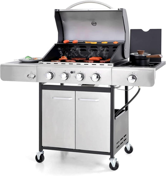 Sophia & William 4-Burner Propane Gas BBQ Grill with Side Burner and Porcelain-Enameled Cast Iron Grates, Stainless Steel Barbecue Grills Outdoor Cooking, Silver Cabinet Style, 42,000BTU