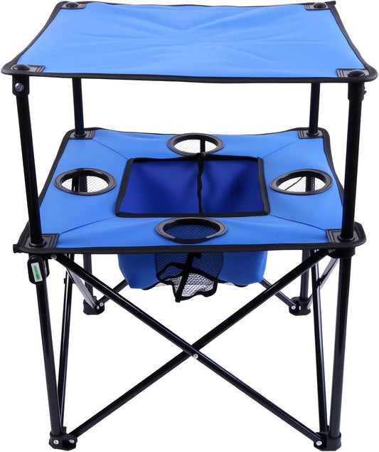 Portable Folding Camping Table with Cup Holders – Lightweight & Compact 2-Tier Outdoor Table with Storage, Ideal for Card Games, Snacks, Picnic, Tailgating & Camping (Blue + Black)