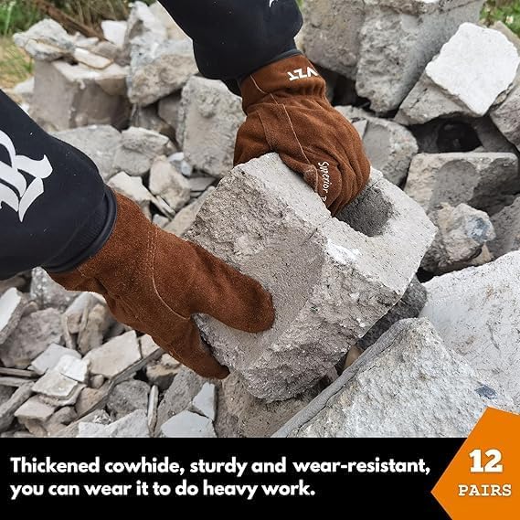 12 Pairs Bulk Leather Work Gloves for Men or Women for Gardening, Construction, Truck, Driving, Farm, Ranch, Woodworker, Soft, Cowhide Thickened, Water Resistant, Brown, 2X-Large