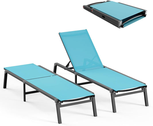 Patio Chaise Lounge Chair Set of 2, Foldable Lounge Chairs for Outside, Aluminum Chairs with 5 Adjustable Backrest, Outdoor Pool Lounger for Lawn, Poolside, Deck, Lake Blue
