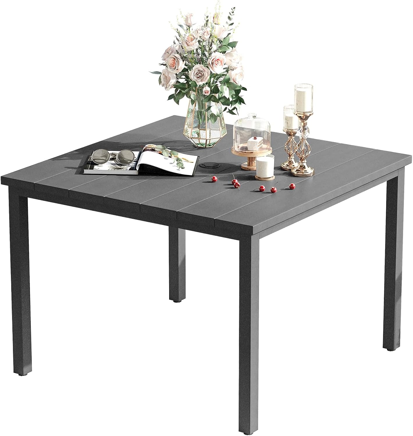 VICLLAX 40.2" Square Patio Dining Table for 4, Outdoor Table with Umbrella Hole, All Weather Metal Patio Table for Lawn Garden, Grey Tabletop