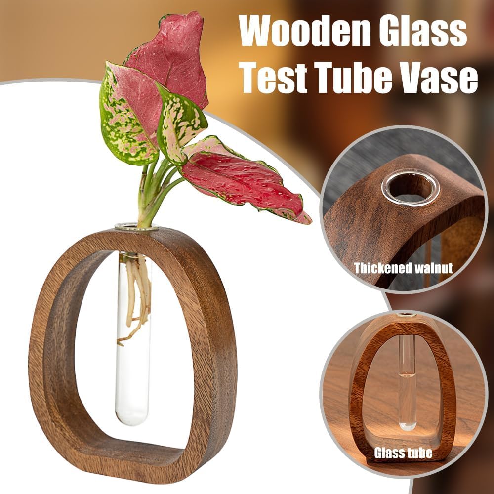 Modern Wooden Glass Test Tube Vase - Desk Plant Decor, Suitable for Home and Office Use