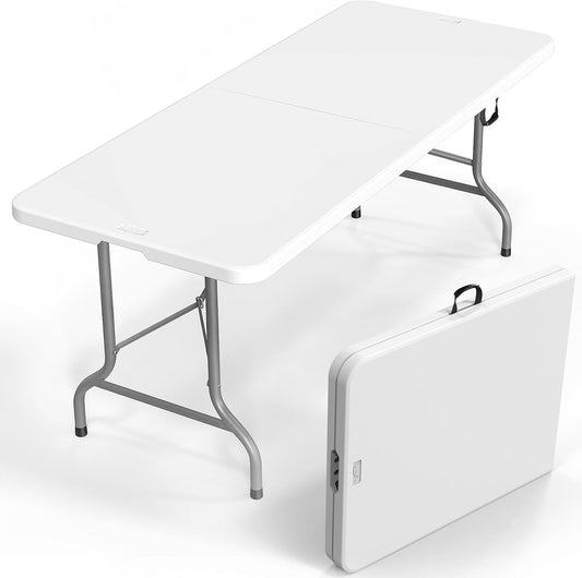 VINGLI 6 Foot Plastic Folding Table Portable Long Table for Indoor Outdoor Use Rectangular with Carrying Handle, Smooth HDPE Tabletop, White