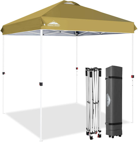 EAGLE PEAK Pop Up Canopy Tent with Wheeled Carry Bag, 8 Stakes, 4 Ropes, Easy Set Up Tent Canopy, 6.6x6.6 ft, Beige