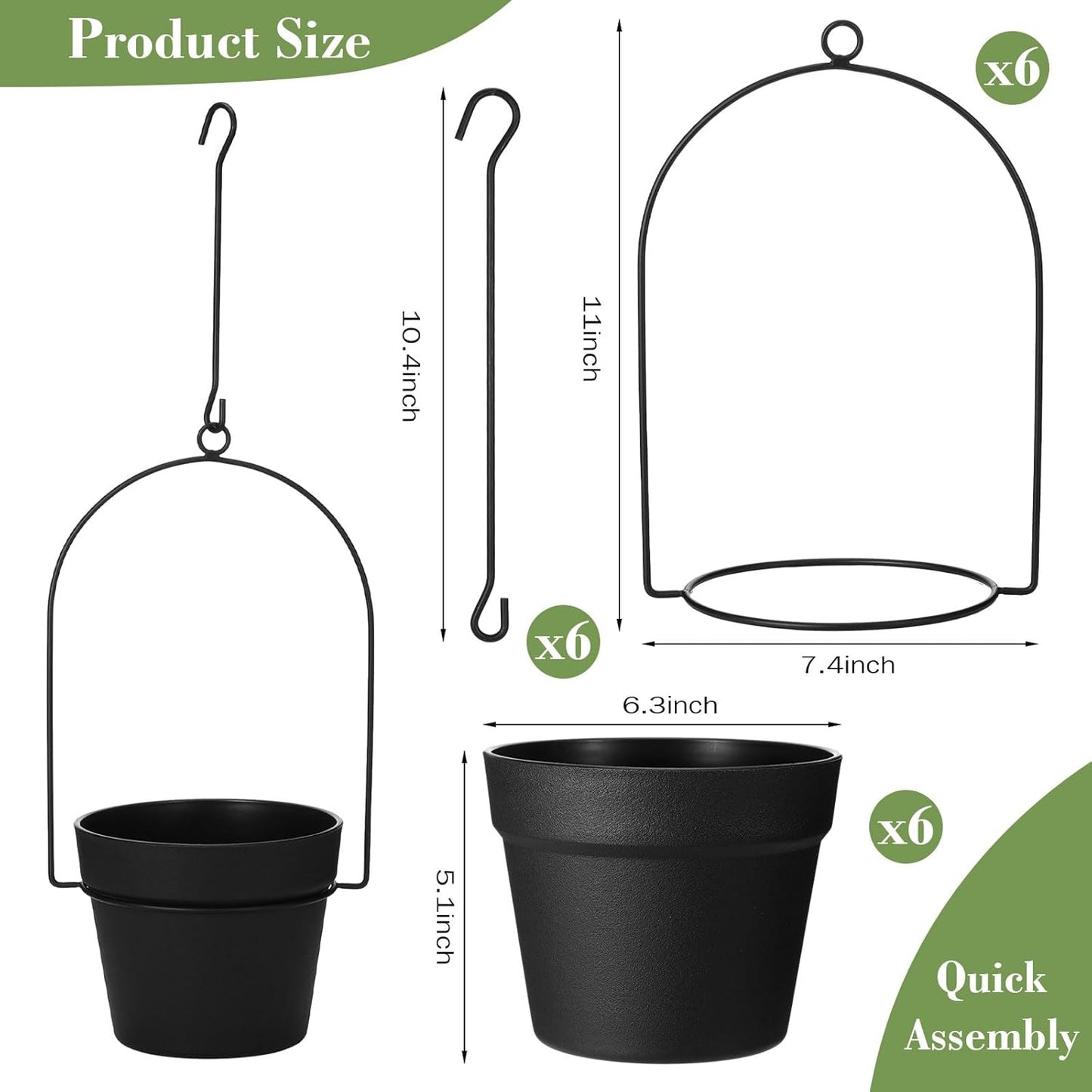 Hushee 6 Packs Metal Hanging Planters for Outdoor Indoor Plants Plant Hanger with 6.3'' Plastic Pots Hanging Planter Basket for Garden Home Porch Decor