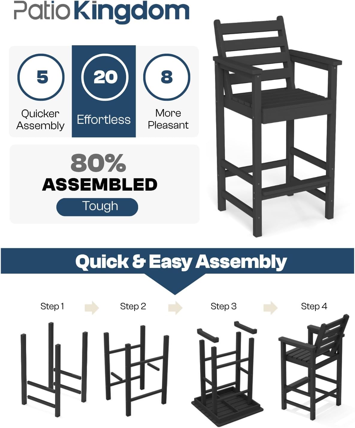 Outdoor Bar Set, 3-Piece HDPE Balcony Set with 2 Tall Adirondack Chairs and Bar Table, All-Weather Bar Height Stools for Patio, Backyard, Poolside (Black)