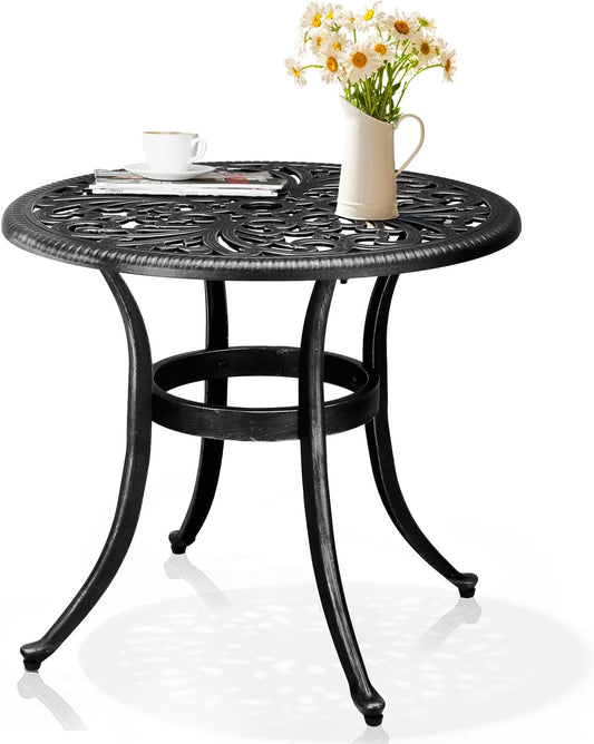 Outvita Patio Side Table, 23.6in Outdoor Round Cast Aluminum Bistro Table with Umbrella Hole and Antique Design for Backyard Porch Pool Balcony Deck Black