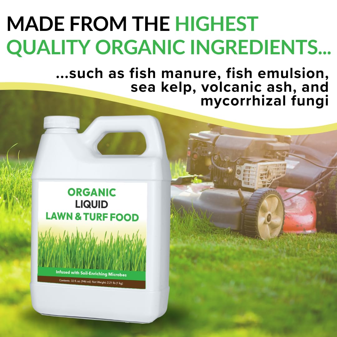 Organic Liquid Lawn & Turf Food - Quickly Rejuvenates Lawn Health and Restores Rich Green Colors to Depleted Grass | Infused with Soil Enriching Microbes (32oz, Treats Up to 5,000 Sq. Feet)