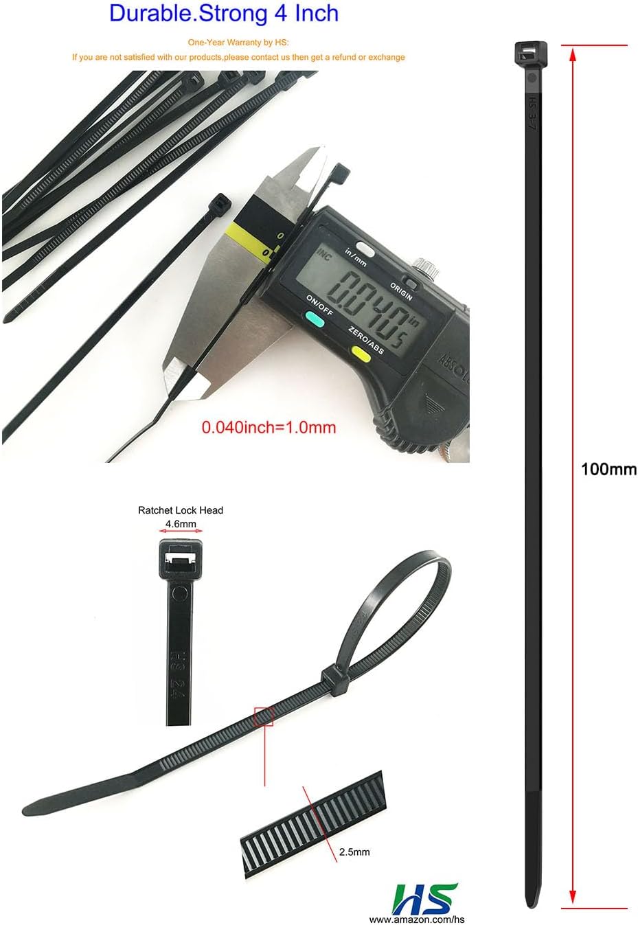 HS Durable Plastic Zip Ties 4 Inch (Bulk-1000 Pack) Small Tie Wraps Thin 18 Lbs Self-Locking Nylon Cable Ties for Electronics Organizer, Wire Zip Ties UV Rated Black