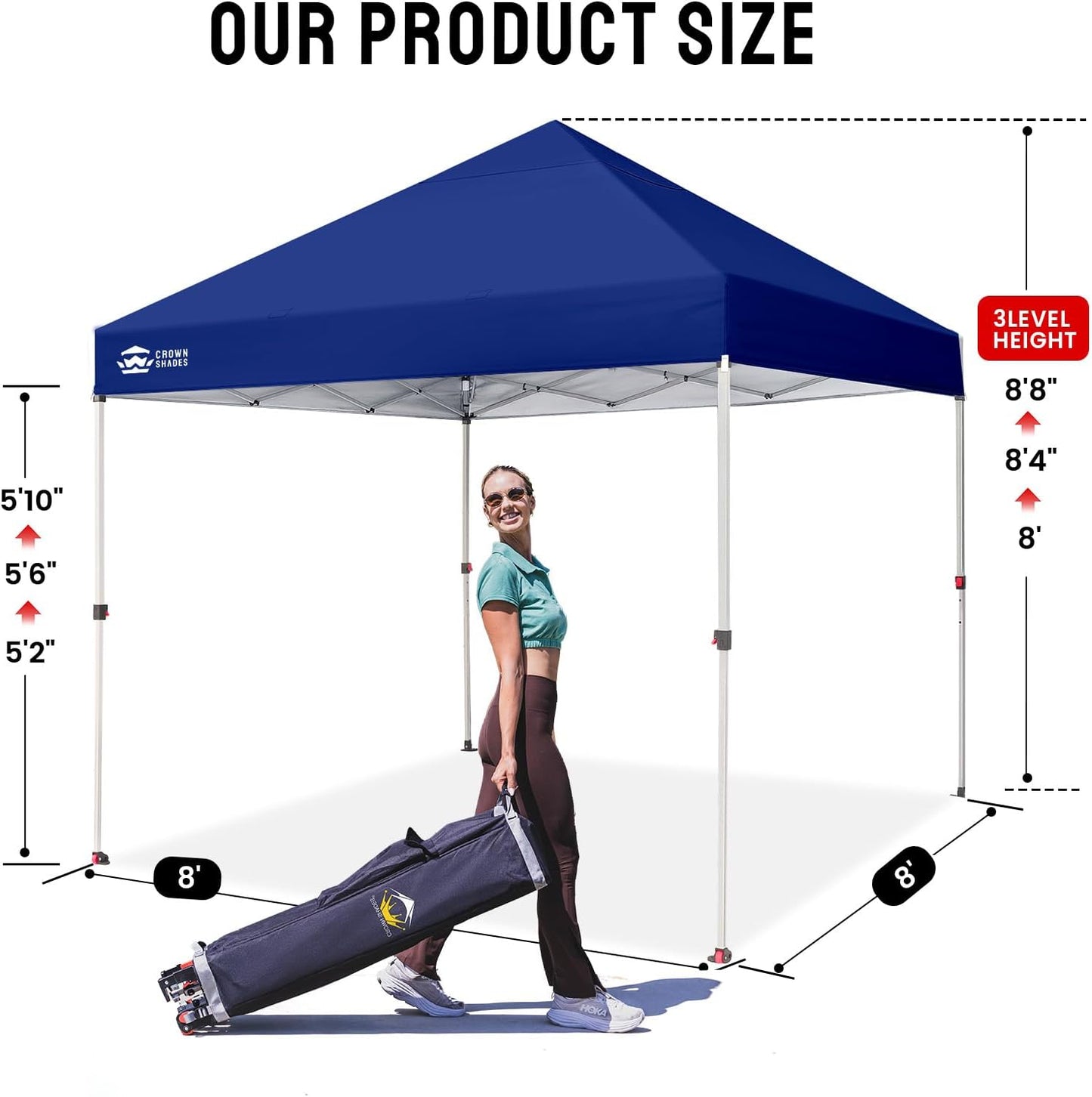 CROWN SHADES 8x8 Pop Up Canopy, Patented Center Lock One Push Instant Popup Outdoor Canopy Tent, Newly Designed Storage Bag, 8 Stakes, 4 Ropes, Silver-Coated Navy Blue