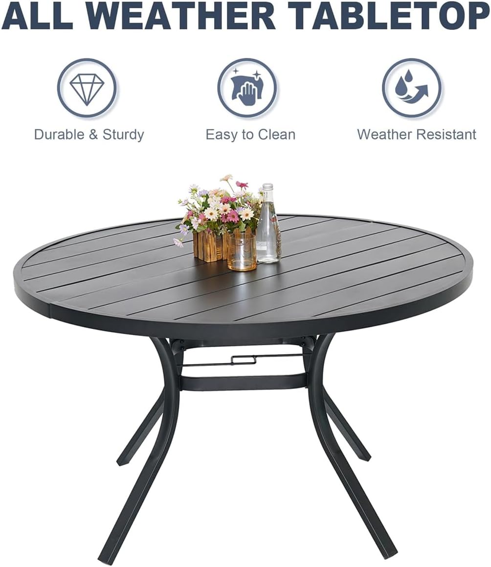 Outdoor Patio Round Dining Table, 58"x 58" Metal Slatted Round Tabletop with Adjustable Umbrella Hole for Deck Lawn Garden Backyard Balcony Deck, Black