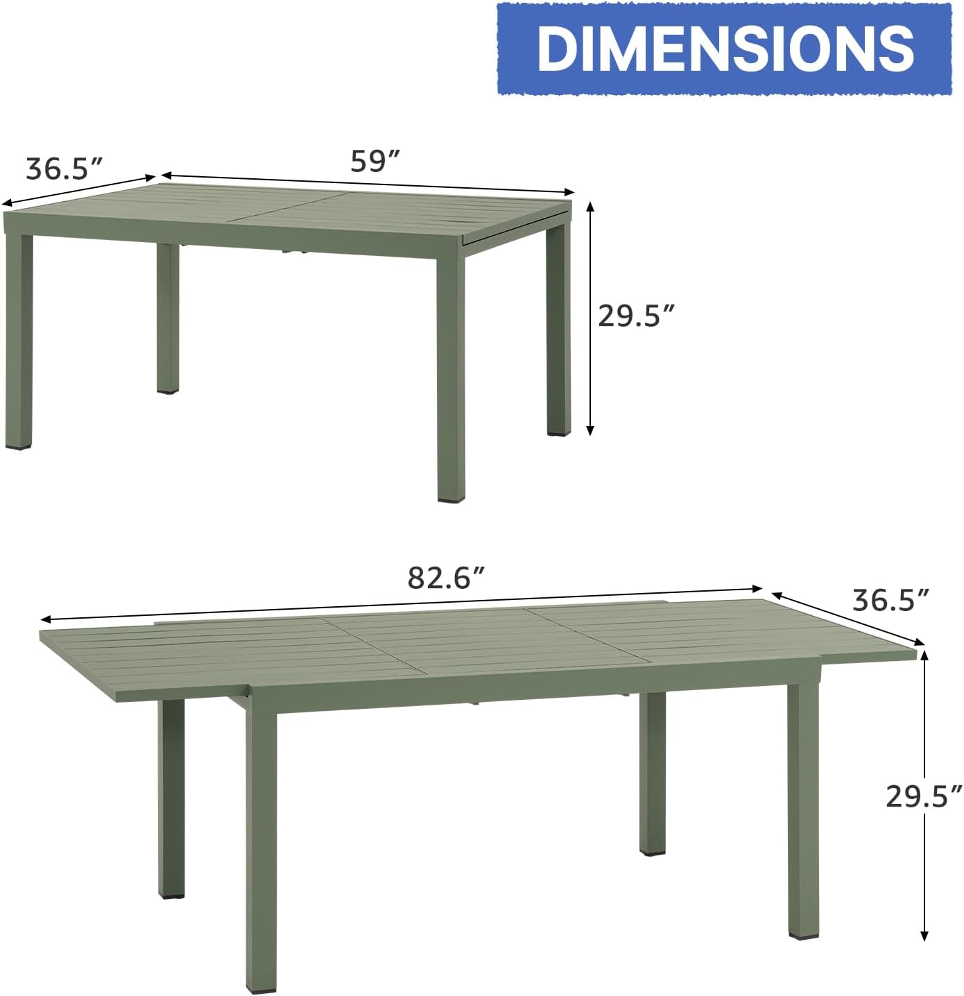Soleil Jardin Aluminum Patio Extendable Dining Table, 59" - 83", Adjustable Indoor Outdoor Furniture Rectangle Table for 6-8 Person Porch Deck Garden, Green