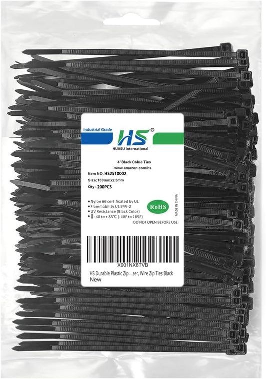 HS Durable Plastic Zip Ties 4 Inch 200 Pack Small Tie Wraps Thin 18 Lbs Self-Locking Nylon Cable Ties for Electronics Organizer, Tiny Wire Tie Black