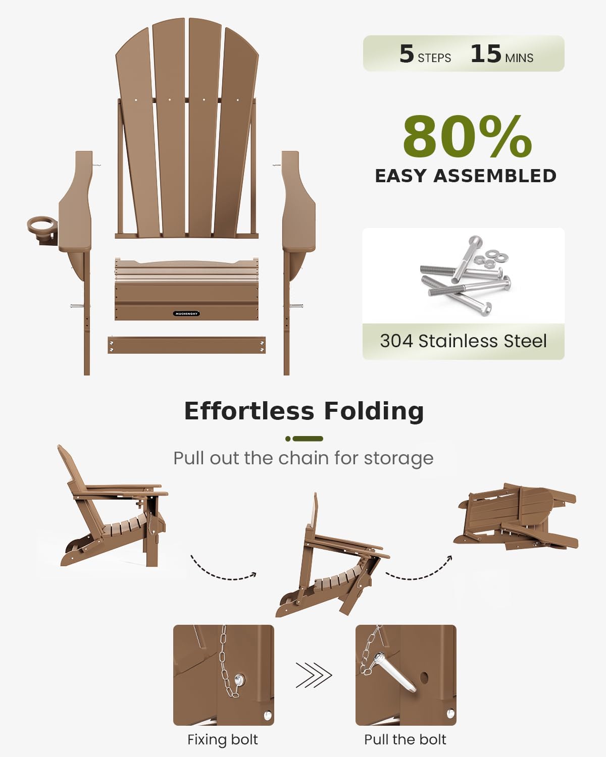 MUCHENGHY Folding Adirondack Chairs Set of 2, Patio Chairs, Lawn Chairs, Outdoor Chair, Adirondack Chair Plastic, Fire Pit Chairs, Weather Resistant with Cup Holder for Deck, Backyard, Garden(Teak)