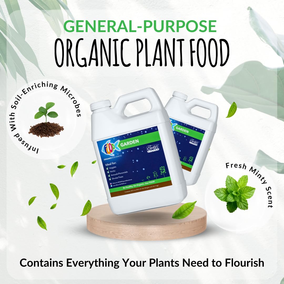 FOOP Garden - Organic Liquid Plant Food Made from Fish Manure (with Fresh Minty Scent) | Fish Fertilizer Alternative Perfect for Veggies, Herbs, Flowers,Trees,Shrubs | Kid&Pet Friendly (32oz, 2 Pack)
