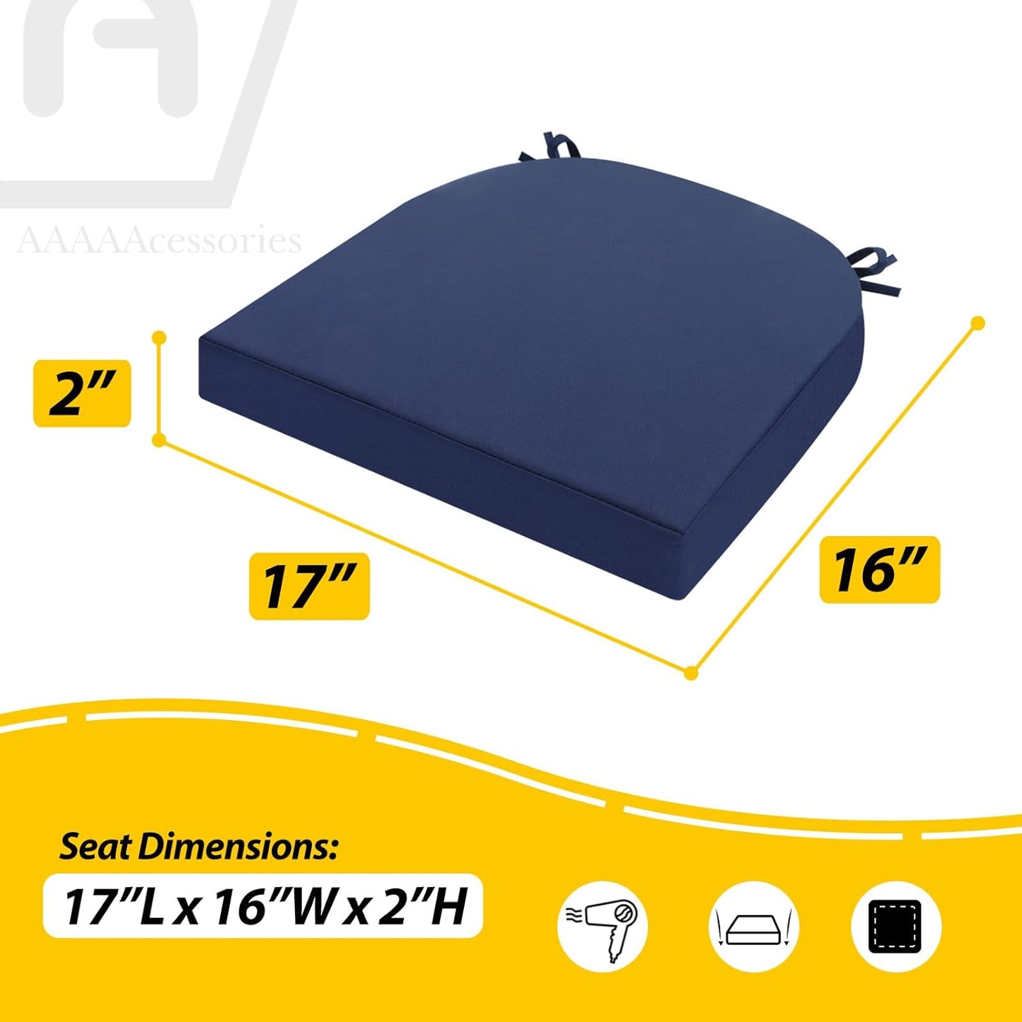 AAAAAcessories Outdoor Seat Cushions for Chairs, Waterproof, Fade-Resistant Patio Furniture Replacement Cushions, 17" x 16" x 2", Set of 2, Navy Blue