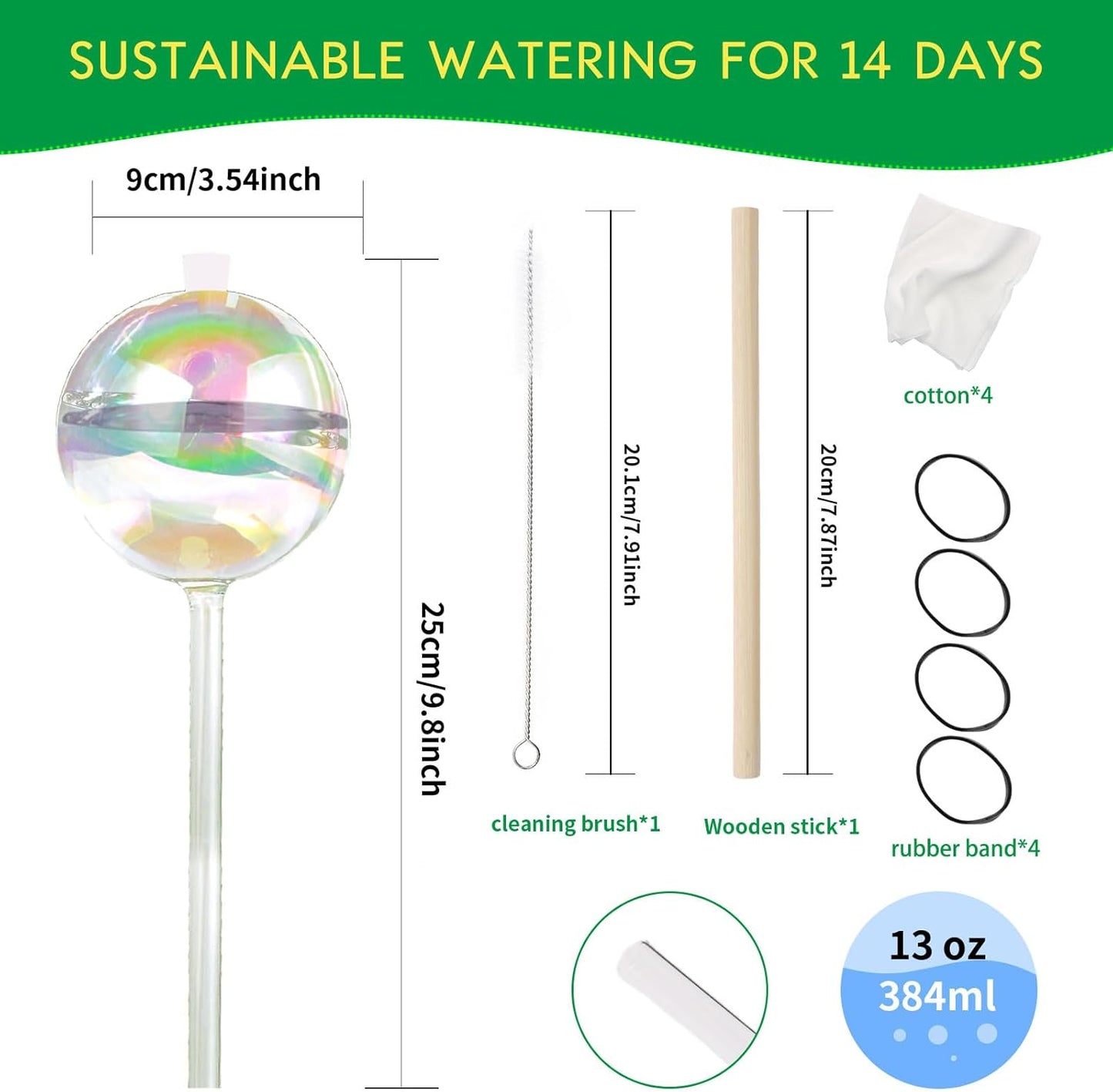 13 oz Up 2 Weeks Large Plant Watering Globes - Self Watering Bulbs for Indoor & Outdoor Plants, Glass Water Globes, Slow Watering for Plants While Away, Self Watering Planter Insert 4 Pack
