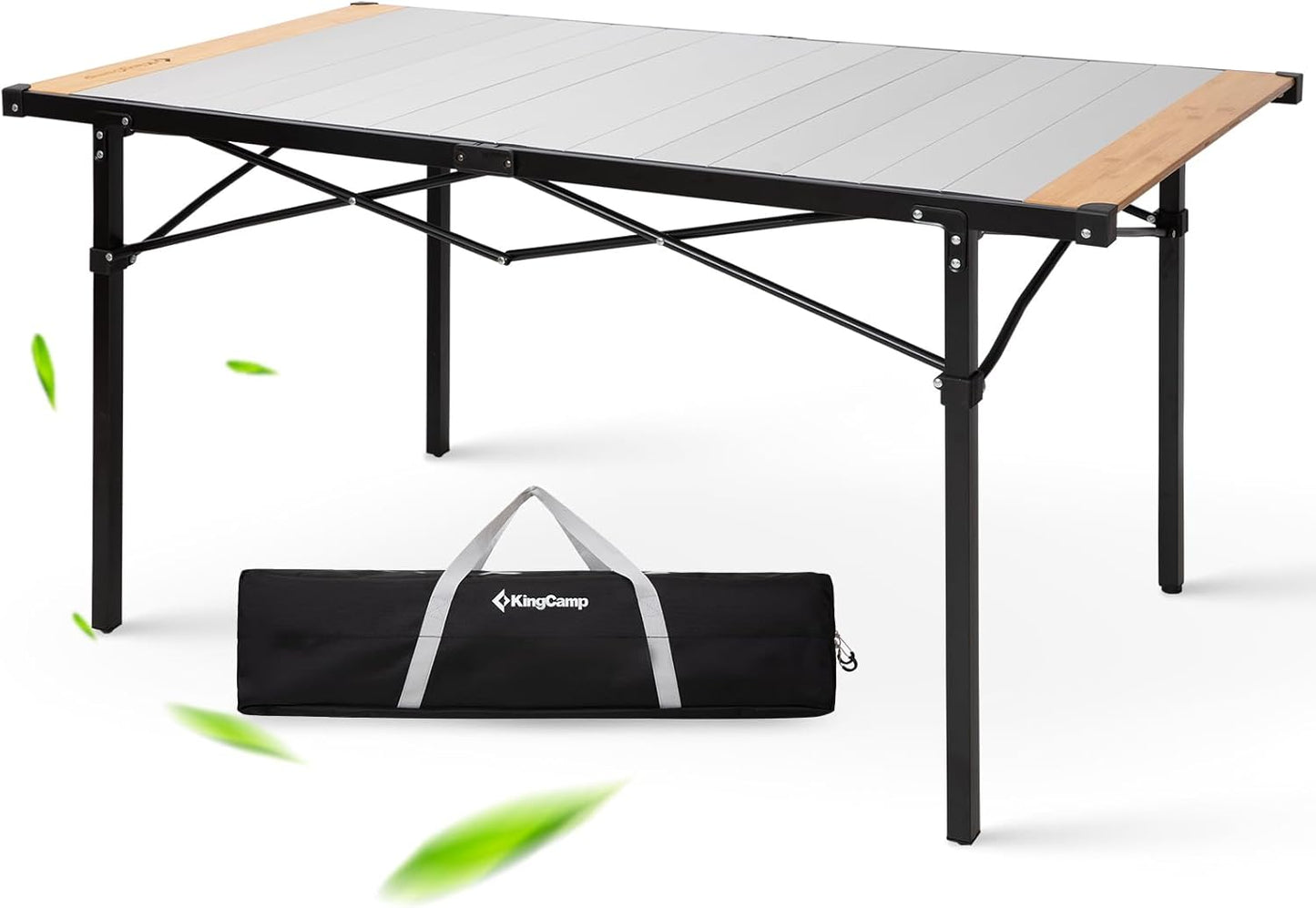 KingCamp Aluminum Folding Lightweight Roll Portable Stable Table for Camping Picnic Barbecue Backyard Party, Indoor & Outdoor, Oversize, Silver Black (Extended Pro, #6P Bamboo)