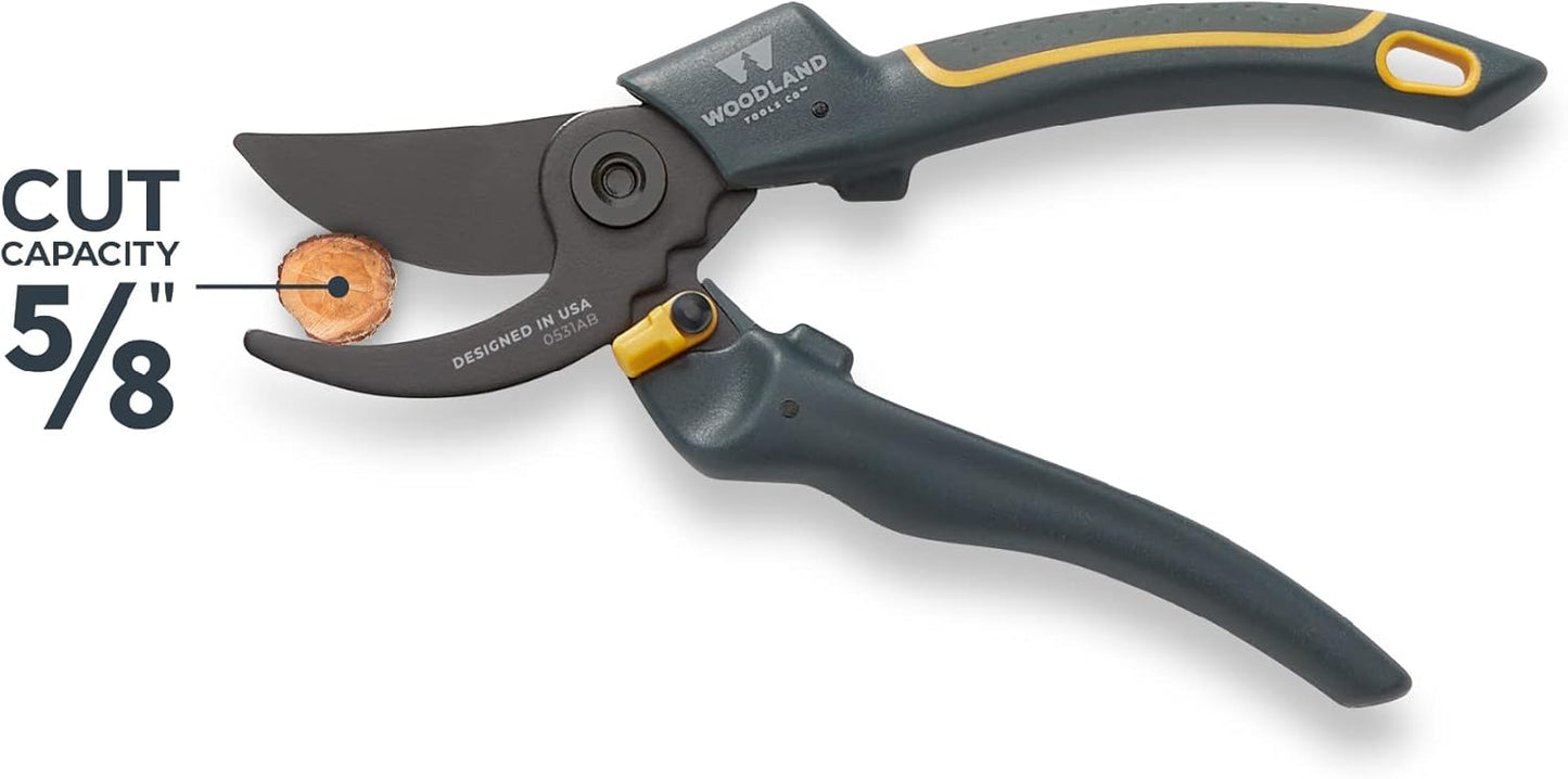Woodland Tools Co. Duralight Bypass Pruning Shears – 5/8" Cut Capacity, Lightweight Hand Pruner, High Carbon Steel Blade, Adjustable Lock, Internal Spring, Soft Grip Garden Tool for Plants and Shrubs