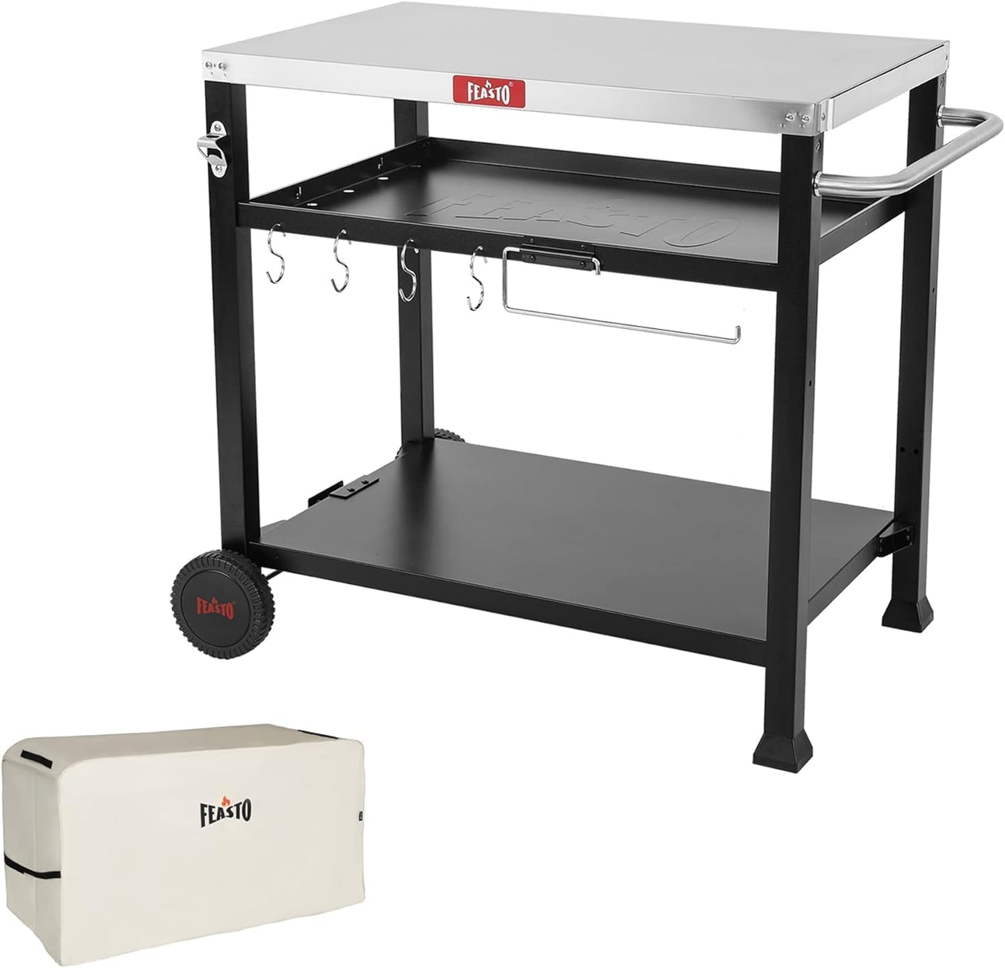 Three-Shelf Movable Food Prep and Work Cart Table, Home and Outdoor Multifunctional Stainless Steel Table Top Worktable on Two Wheels, L39.5''x W25.6''x H33'', Cover Included