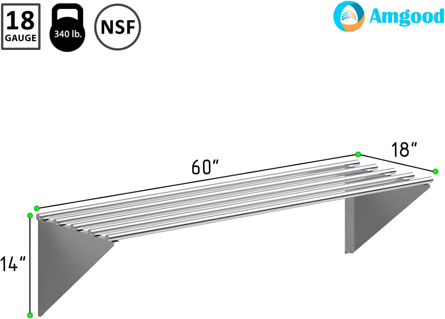 AmGood 18 in. x 60 in. NSF Stainless Steel Tubular Wall Shelf | Heavy-Duty Metal Shelving for Appliances & Equipment | Ideal for Kitchen, Restaurant, Garage, Laundry, Utility Room
