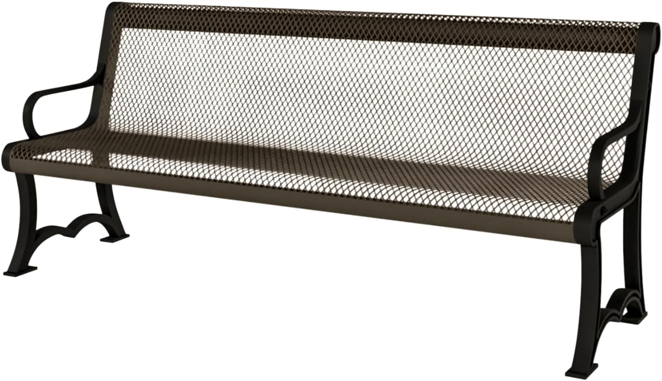 Heavy-Duty Outdoor Bench Thermoplastic Coated, Expanded Metal, Commercial-Grade Garden Bench, Made in America (Portable with Back, 4 Ft, Textured Brown)