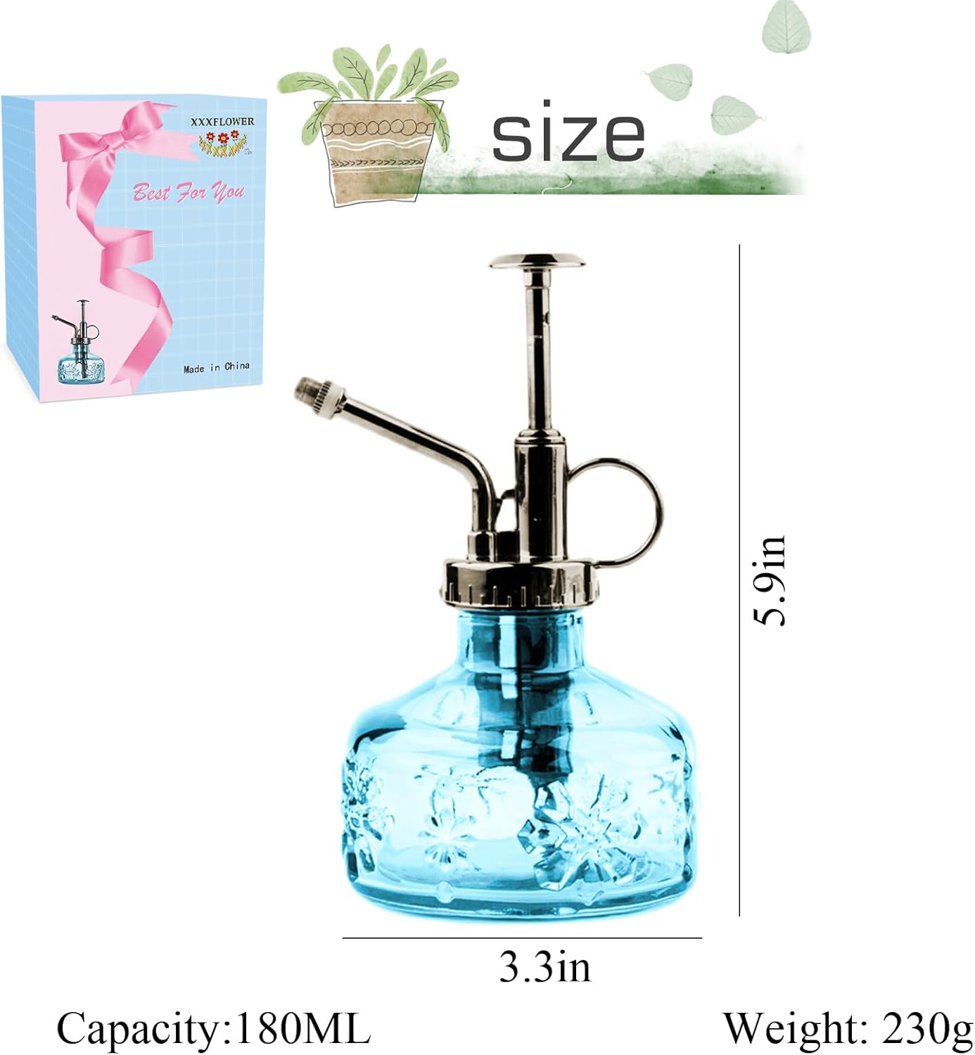 XXXFLOWER Glass Plant Mister Spray Bottle for Indoor Plant Spritzer Succulent Watering Bottle Tall Vintage Style with Bronze Plastic Top Pump