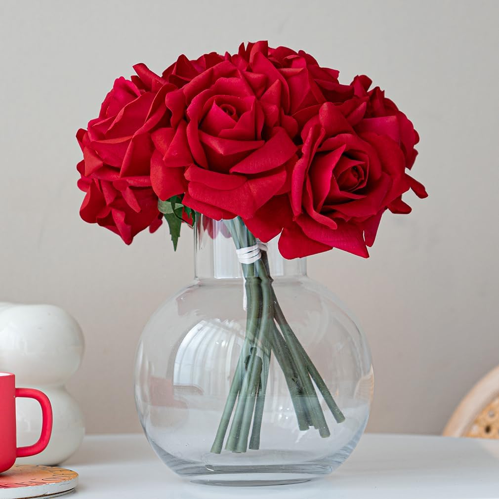 Artificial Roses Single Stem 10pcs Fake Silk Flower Arrangement Bouquet Real Touch for Home Party Wedding Decoration(Red)